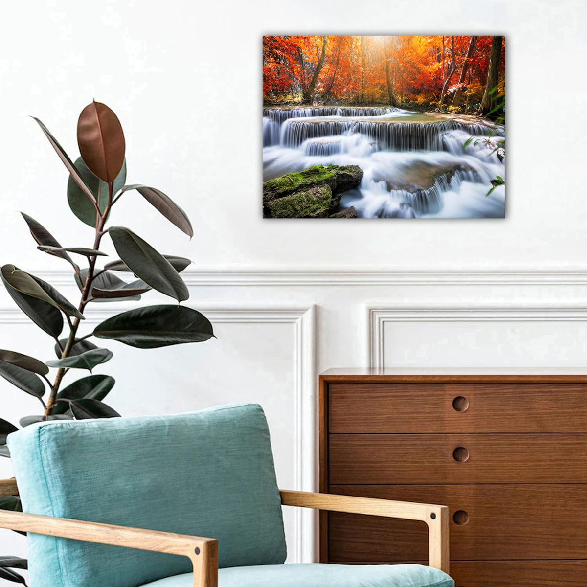Fall Waterfall Canvas Wall Art Autumn National Park Scenery Picture for Living Room Mountain Maple Trees Prints Bedroom Wall Decor Nature Landscape Poster Modern Artwork Kitchen Home Decoration 12x16" (16"L x 12"W / Waterfall Fall)