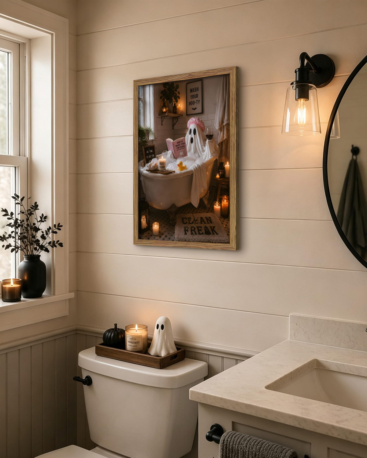 Framed Funny Halloween Bathroom Wall Art (A-Specter / 24"L x 16"W)