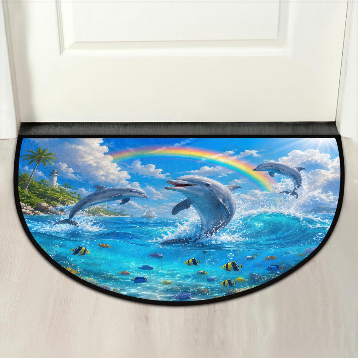 Dolphin Ocean Rainbow Half Round Mat Half Moon Door Rug Washable Durable Semi Circle Carpet Floor mats for Indoor Outdoor Bathroom Kitchen Patio Hearth Rug Laundry Room Home Decoration (D 031)