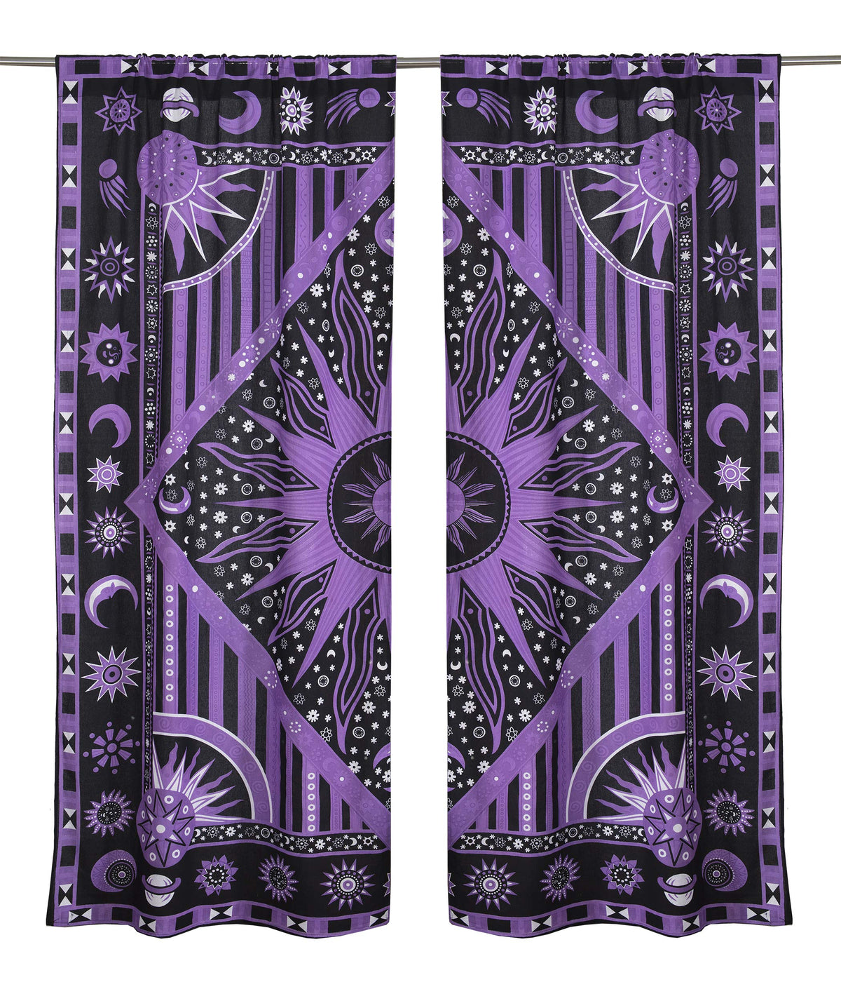 Indian Burning Sun Hippie Mandala Window Curtains (25"W x 74"L (Pack of 2) / Purple)