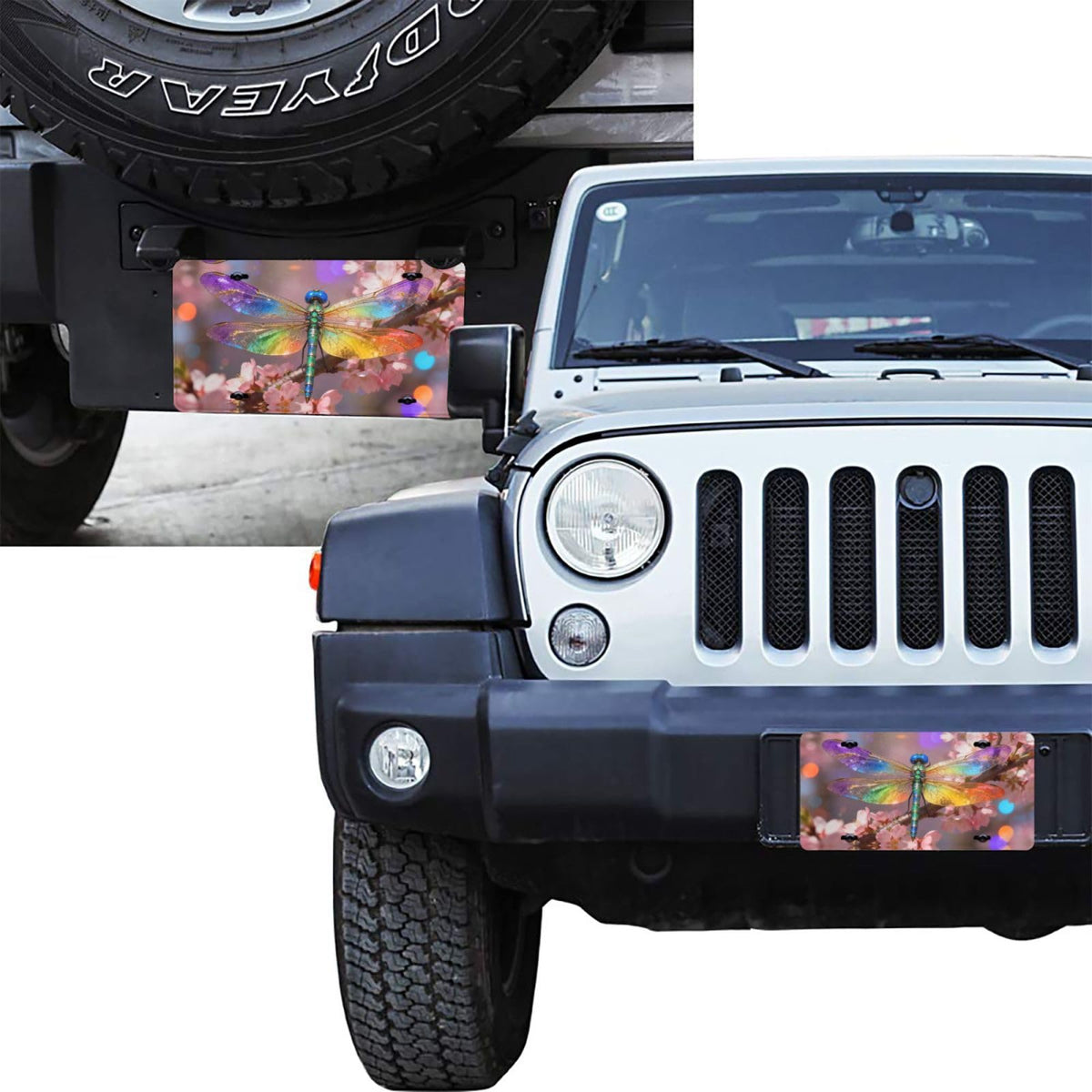 Colorful Dragonfly Plum Blossom Pink Flower Front License Plate Aluminum Decorative License Plates Metal Car Plate 6"X12" Novelty Vanity Tag Cover with 4 Holes Car Decor Accessory (White / 6 X 12 Inch)