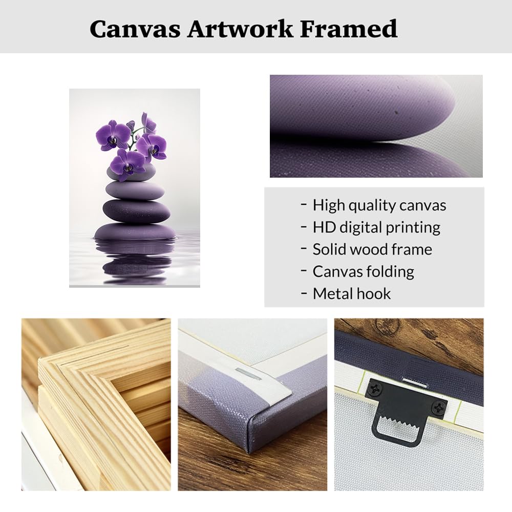 Zen Wall Art Stones Picture Orchid Canvas Painting Purple Zen Water Prints Spa Bathroom Decor Meditation Yoga Room Office Home Framed (Purple / 12" x 18")