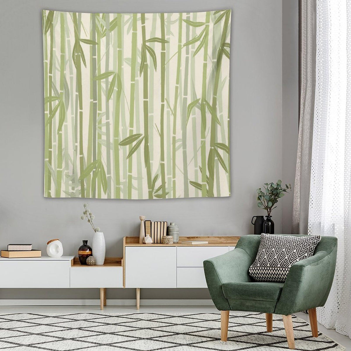 Bamboo Print Tapestry Wall Hanging Nature Plant Japanese Bamboo Leaves Lotus Light Color Pattern Tapestries Home Decor for Living Room Bedroom Apartment Farmhouse Dorm 60"x60" (60"L x 60"W / Bamboo-6)