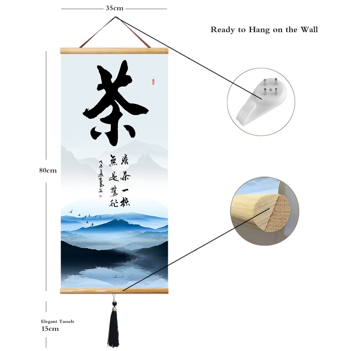 Prints Chinese Japanese Scroll Japanese Wall Art Asian Wall Scroll Cherry Blossom Decor Home (Calligraphy-Tea)