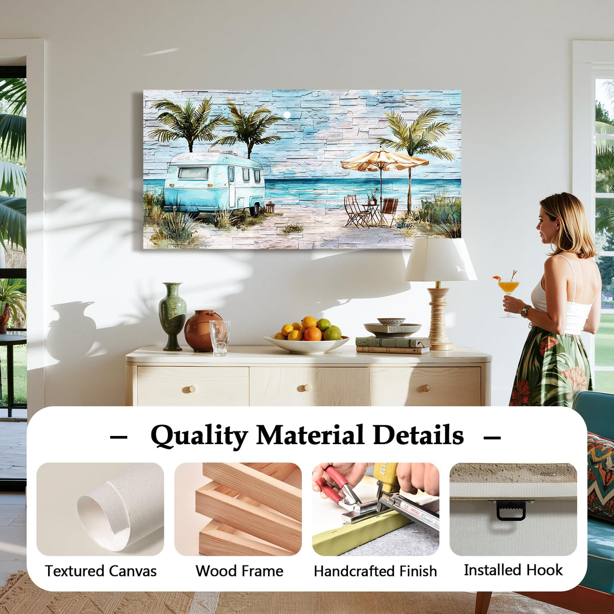 Blue Coastal Wall Art Extra Large Watercolor Print Beach Decor (Beach Journey / 57"L x 29"W)