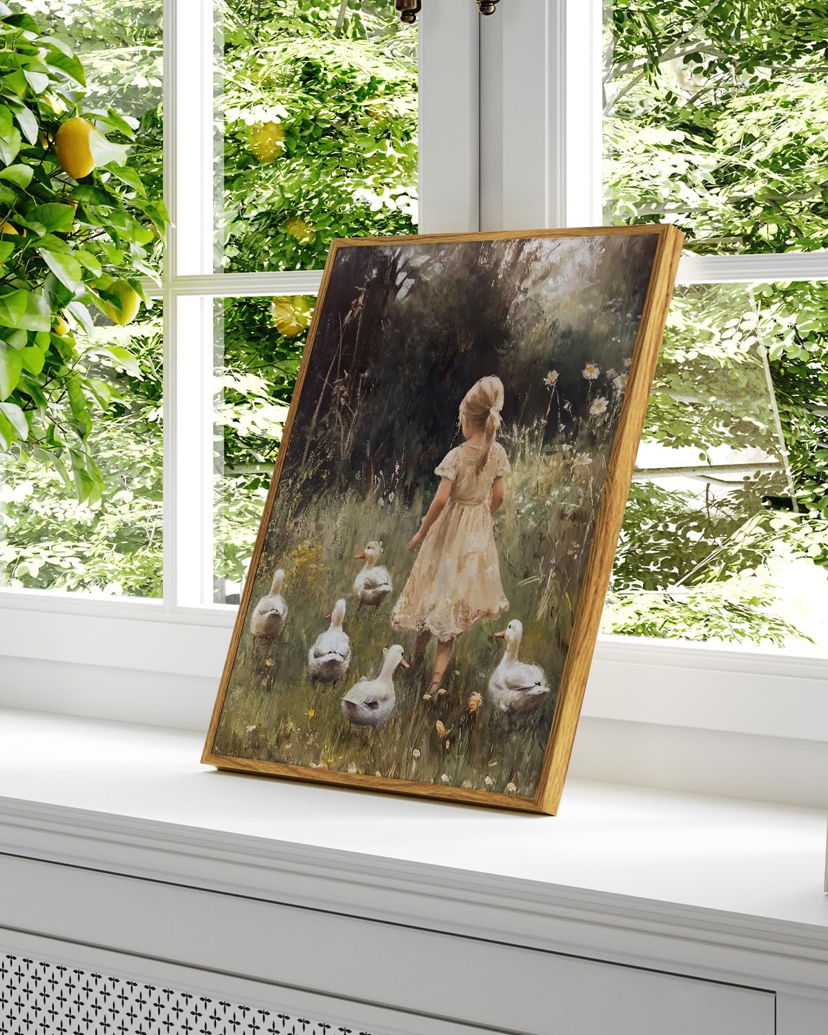 Vintage Spring Girl and Ducks Framed Canvas Wall Art (Girl / 16"L x 12"W)