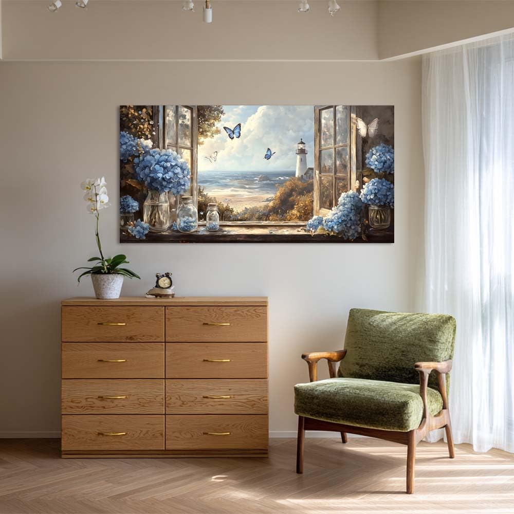 Coastal Open Window Butterflies Ocean View Canvas Wall Art Blue Hydrangea Print Rustic Lighthouse Beach Landscape Painting Gallery Wrapped Artwork for Living Room Bedroom Bathroom Decor (Mysterious / White Lighthouse Sea 5 / 40"L x 20"W)