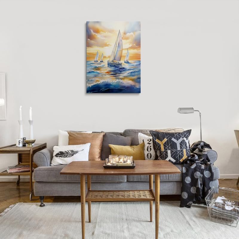Sunset Sailboats Ocean Watercolor Canvas Wall Art Framed Painting Seascape Wall Decor Artwork Print Poster Calming Peaceful Blue Waves Golden Sky Coastal for Bathroom Living Room Bedroom 16x24 Inches (sailboat / 24"L x 16"W)