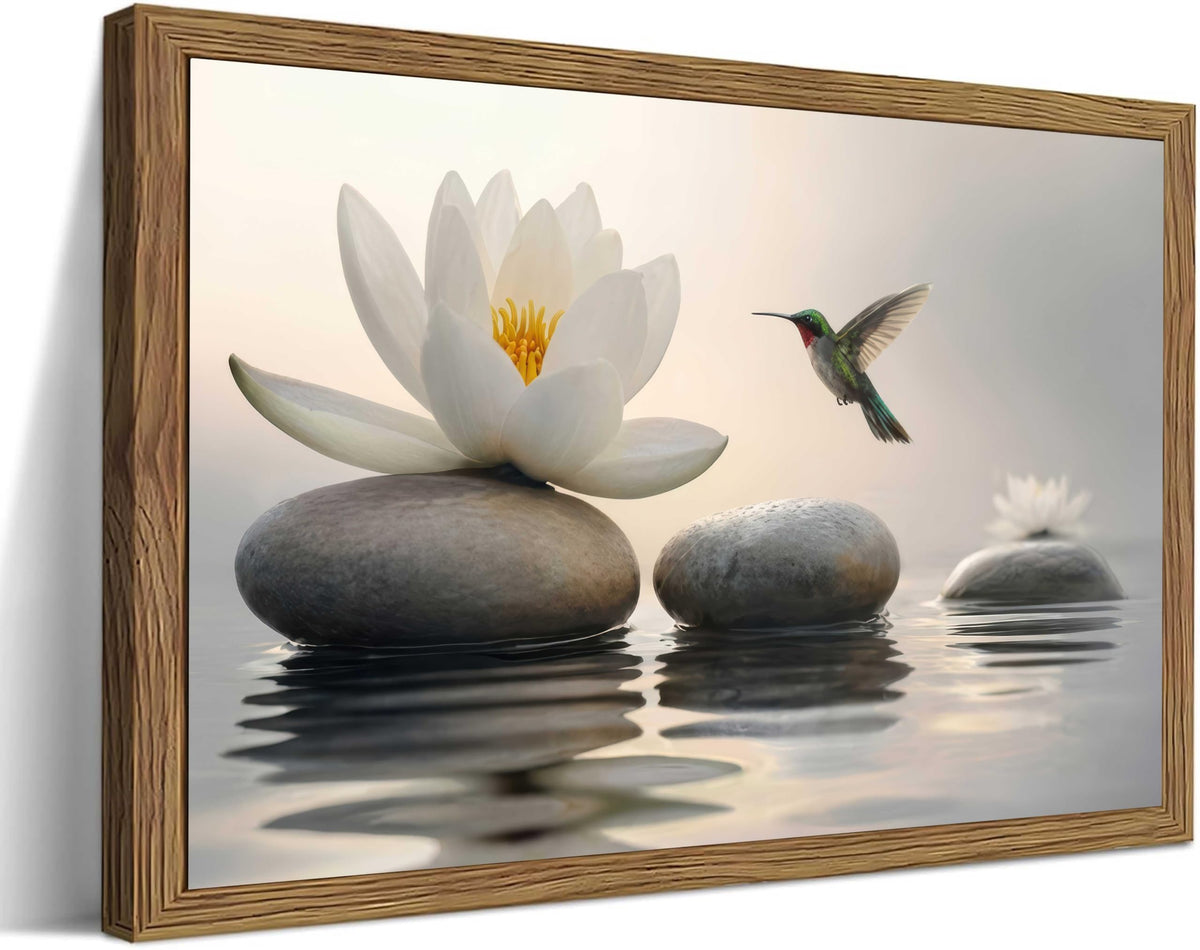 Wood Framed Zen Stone Wall Art Spa Lotus Flower Hummingbird Wall Decor (Hummingbird / 12"L x 16"W)