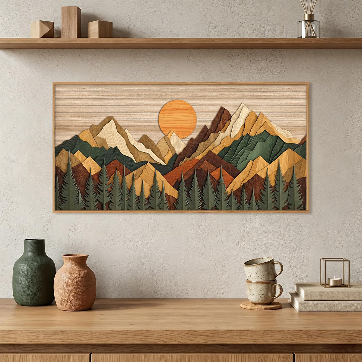Boho Woodcut Style Mountain Framed Canvas Wall Art Set (Wooden Mountain Wall Art / 40"L x 20"W)