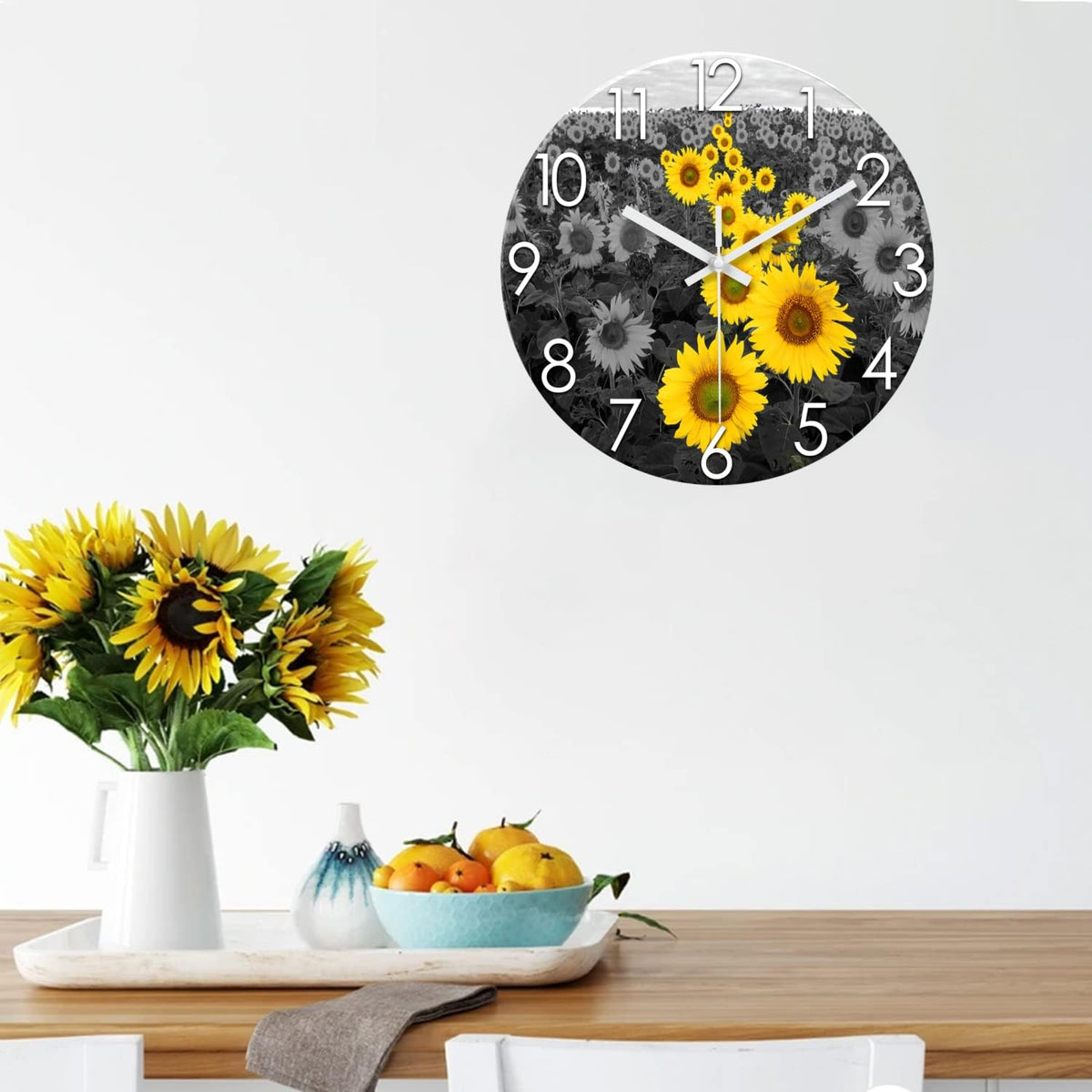 Sunflower Kitchen Glass Wall Clock 14 Inch Silent (Yellow1 / 14 Inch)