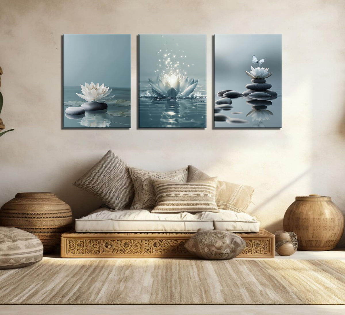 3Pcs Zen Stones Lotus Spa Canvas Wall Art White Lotus Blooming on Stones Painting Picture Wall Decor Modern Spiritual Poster Print Artwork for Yoga Meditation Spiritual Room Bathroom Home Decoration (Canvas / 24L" x 16W")