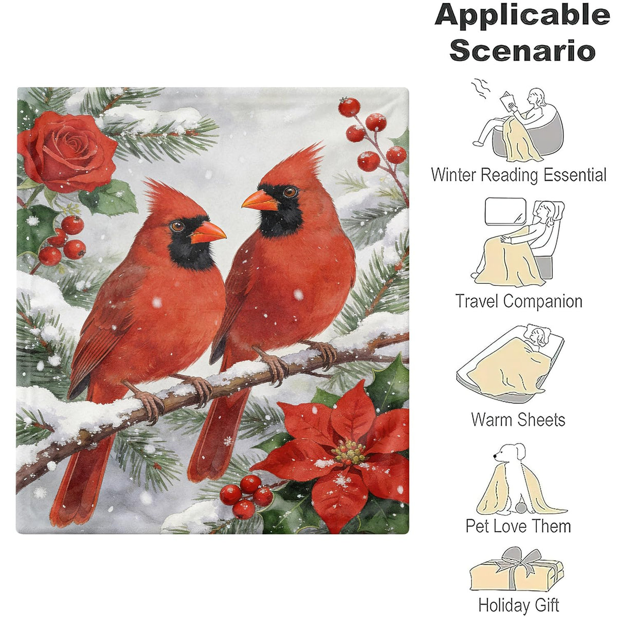 Cardinal Throw Blanket Vintage Christian Red Birds Cozy Flannel 60"X80" (Cardinals / 60"X80")