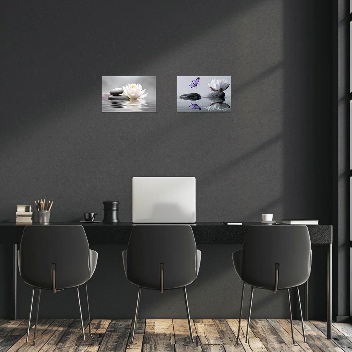 Zen Bathroom Wall Art Black and White Grey Spa Painting Lotus Flower Pictures Stone Floral Canvas Prints Meditation Yoga Room Office Decor Framed (Purple / 20L" x 30W")