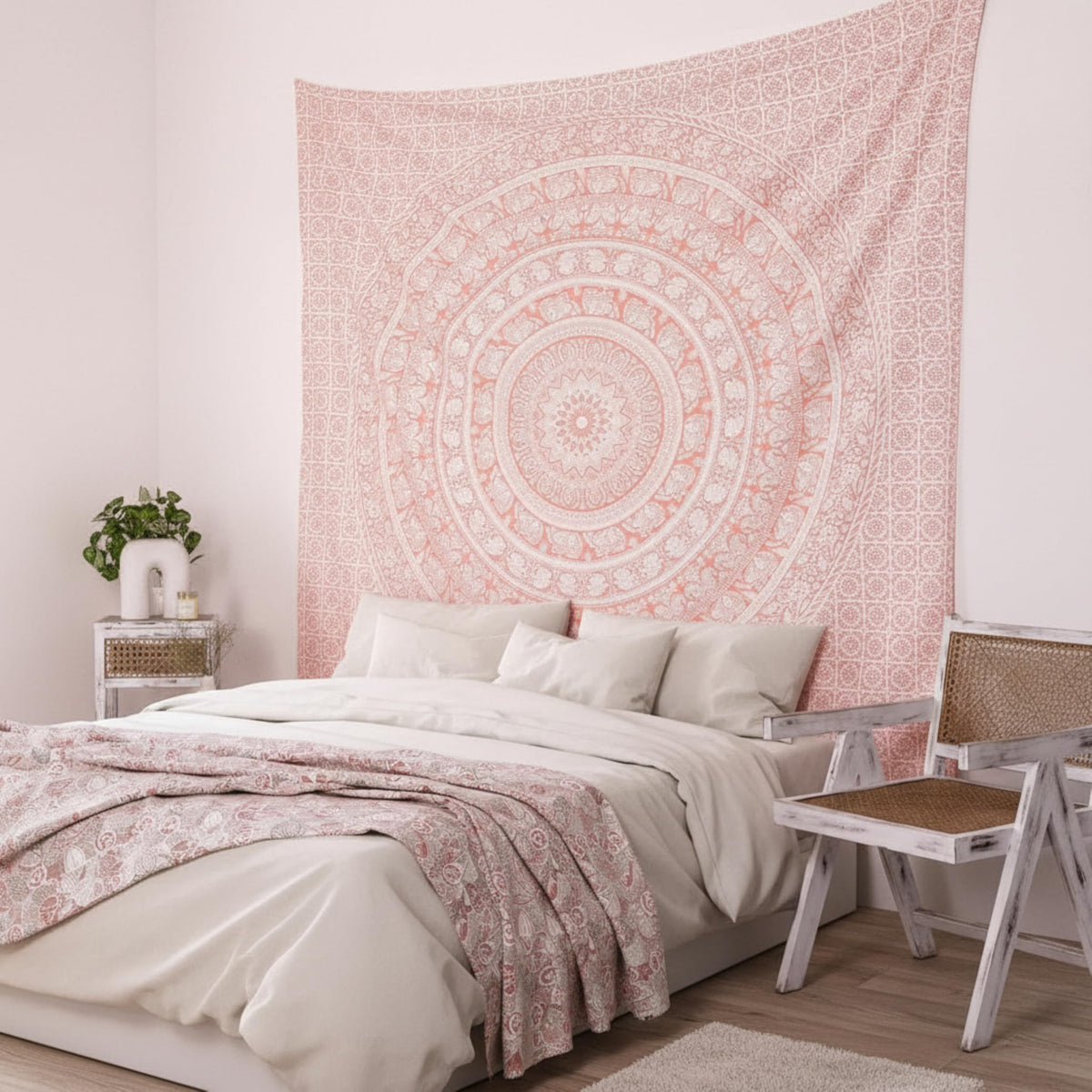 Cotton Mandala Tapestry (Pink / 84"L x 90"W)