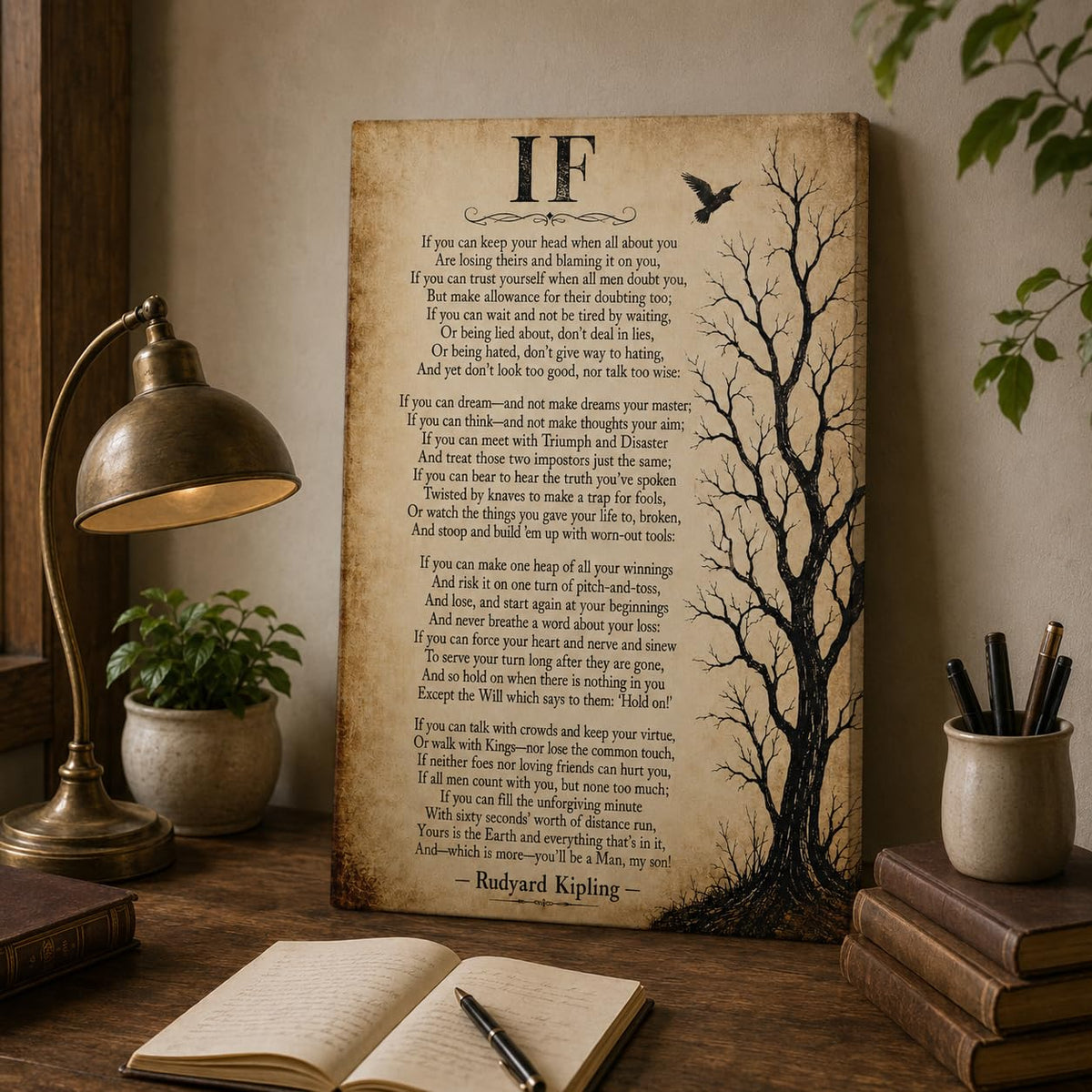 Inspirational Poem Framed Wall Art Canvas Vintage Office Decor 16x24 Inches (Rudyard Kipling If / 24"L x 16"W)