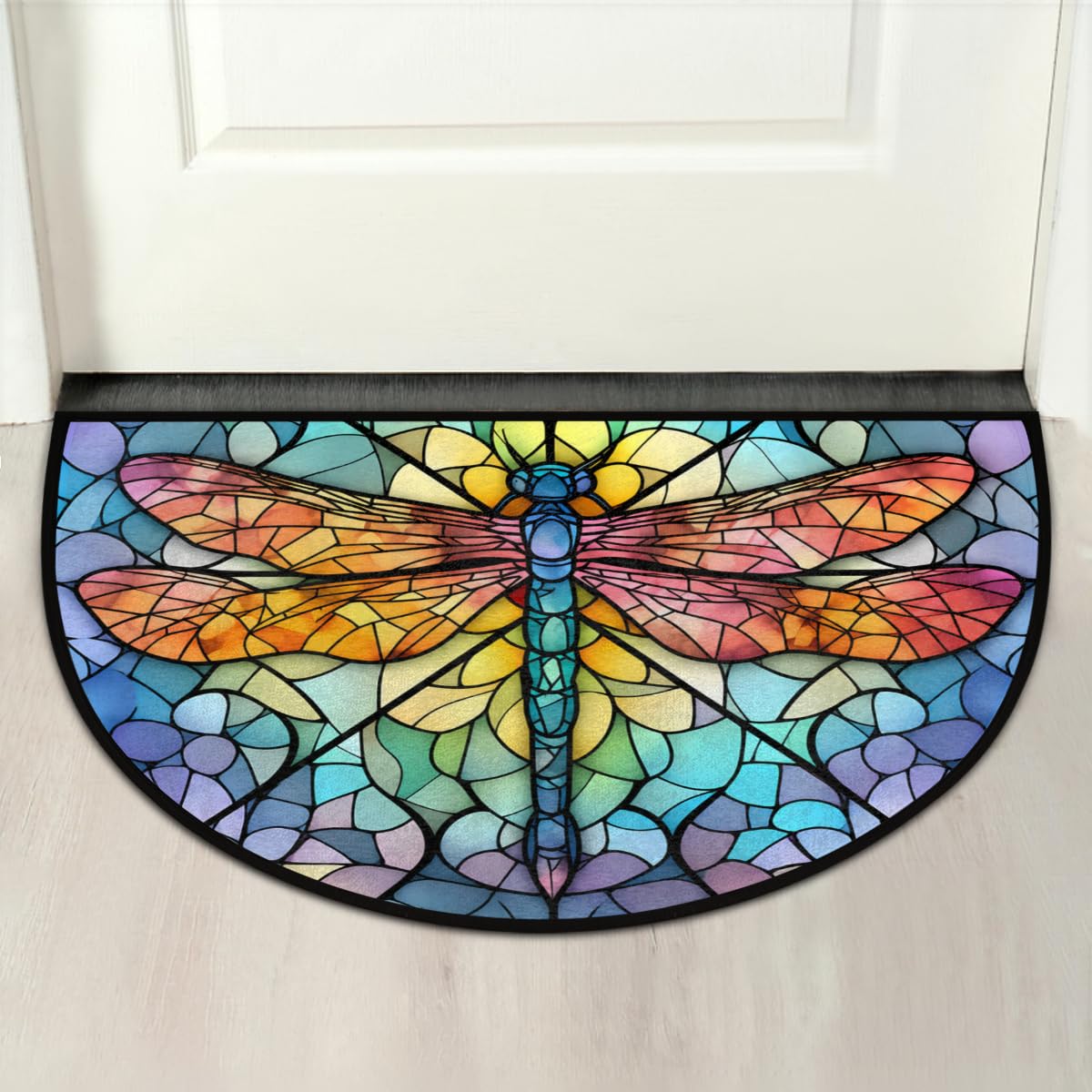 Dragonfly Colorful Stained Glass Half Round Door Mat Indoor Entrance Low Pile Non Slip Absorbent Semi Circle Welcome Mats Doormats 36x24 in Floor Mats for Home Kitchen (Dragonfly Colorful Stained Glass)