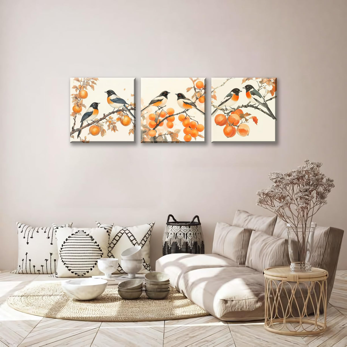 3PCS Vintage Style Watercolor Birds Orange Fruits Canvas Wall Art Botanical Autum Natural Scene Artwork for Living Room Bedroom Office Calming Wildlife and Fruit Branch Framed Canvas Prints (Birds Orange Fruits / 16x16 inches (3 pieces))