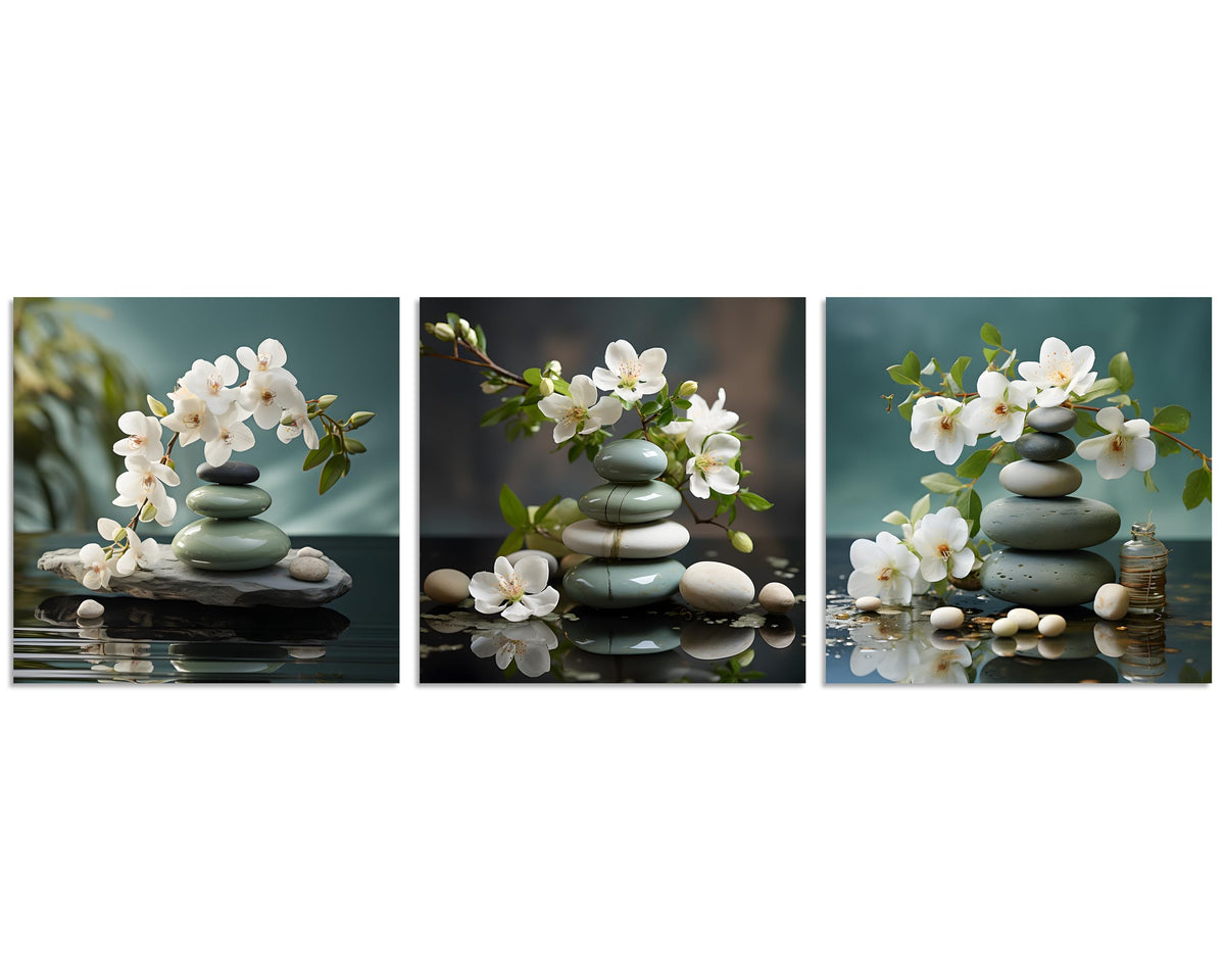 3 Panels Bathroom Wall Art Zen Artwork Zen Stone Wall Art Still Life Spa Stone with White Flowers Pictures Print on Canvas for Home Decor Wall Decor Stretched and Framed 12x12inchx3 (12x12inchx3 / Spa Stone with White Flower 2)