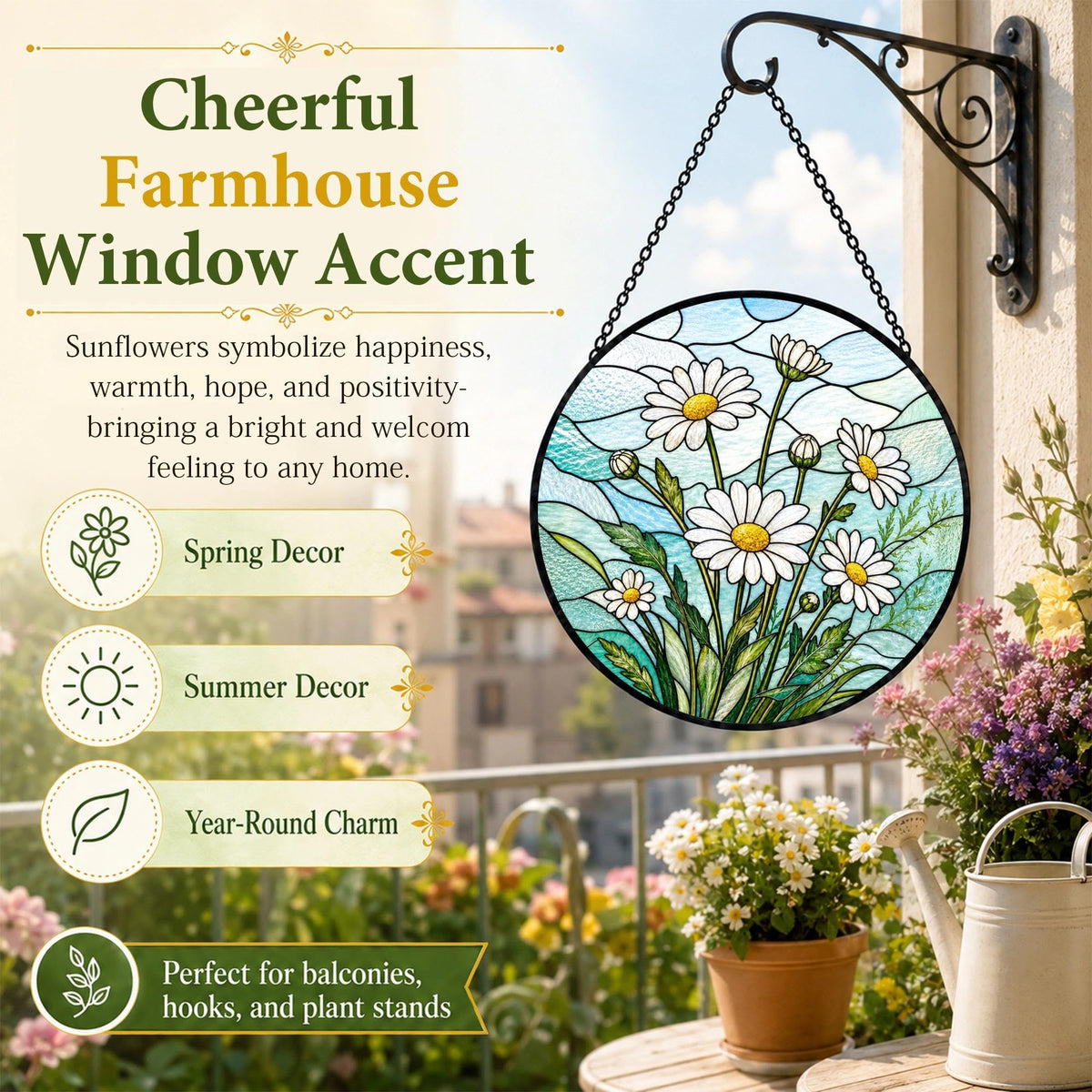 Daisy Gifts for Women Suncatcher Stained Glass Window Hanging Sun Catcher (Daisy / 7.8 x 7.8 IN)