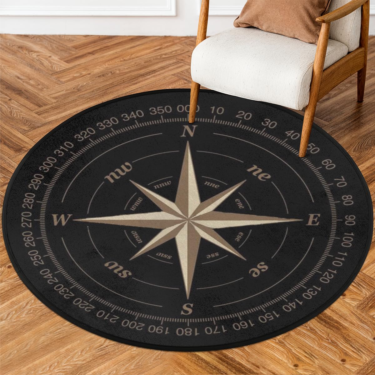Compass Rose Round Area Rug 3Ft Artwork Black Circle Carpet Floor Mat (3 ft / Compass)