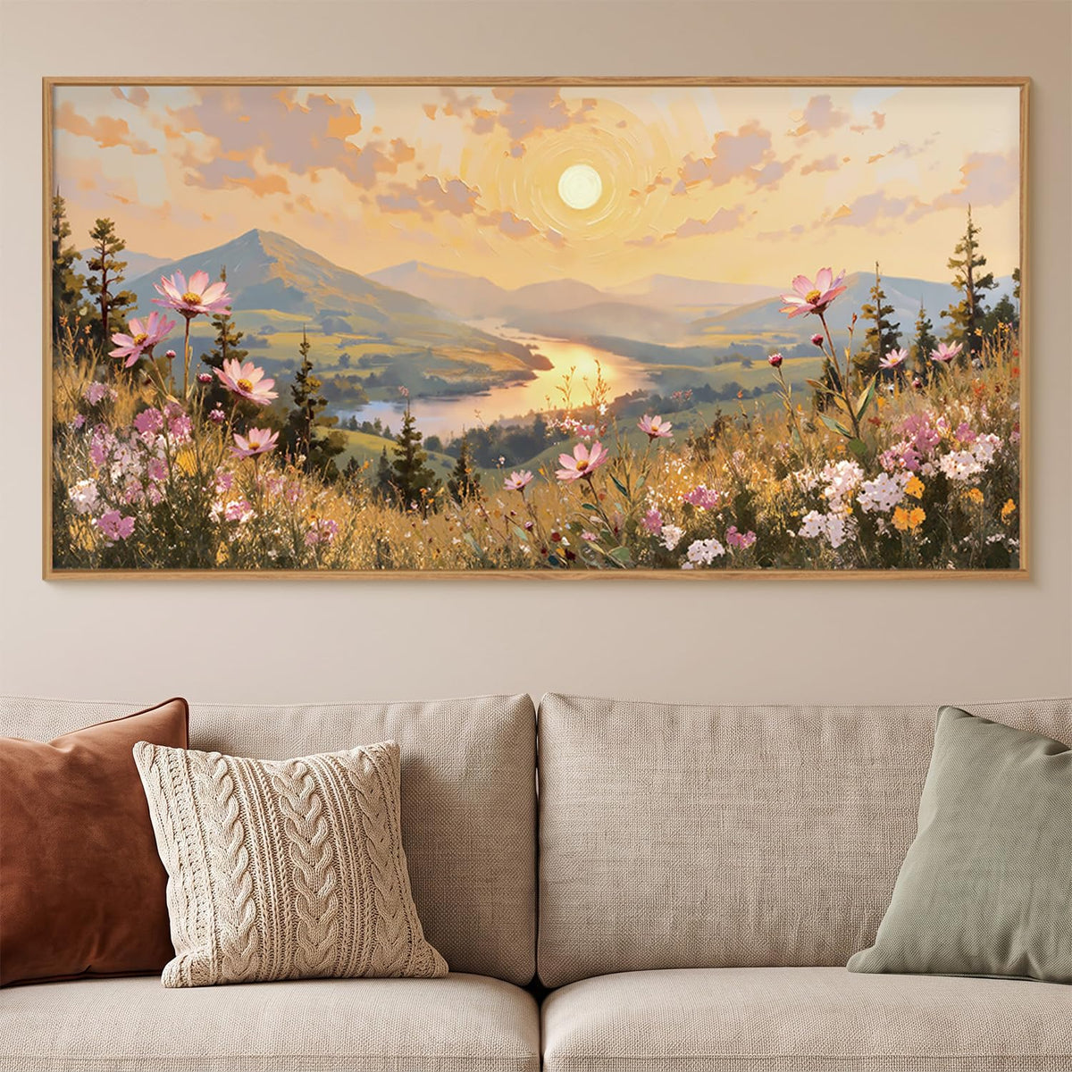 Large Boho Sunset Wildflower Framed Canvas Wall Art (Boho Sunset Wildflower Wall Art / 40"L x 20"W)