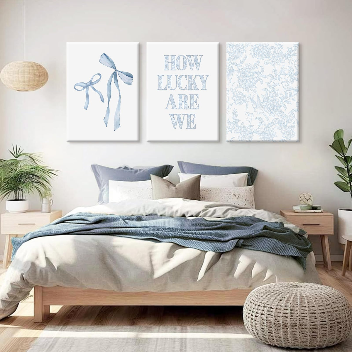 Light Blue Bow Floral Wall Art Preppy Coquette Canvas Wall Decor Aesthetic Trendy Poster Blue Bow Picture Chinoiserie Flower Painting How Lucky Are We Prints for Dorm 12x16 Inch Ready to Hang Set of 3 (Blue Bow Art / 12x16 Inch Wrapped Canvas)