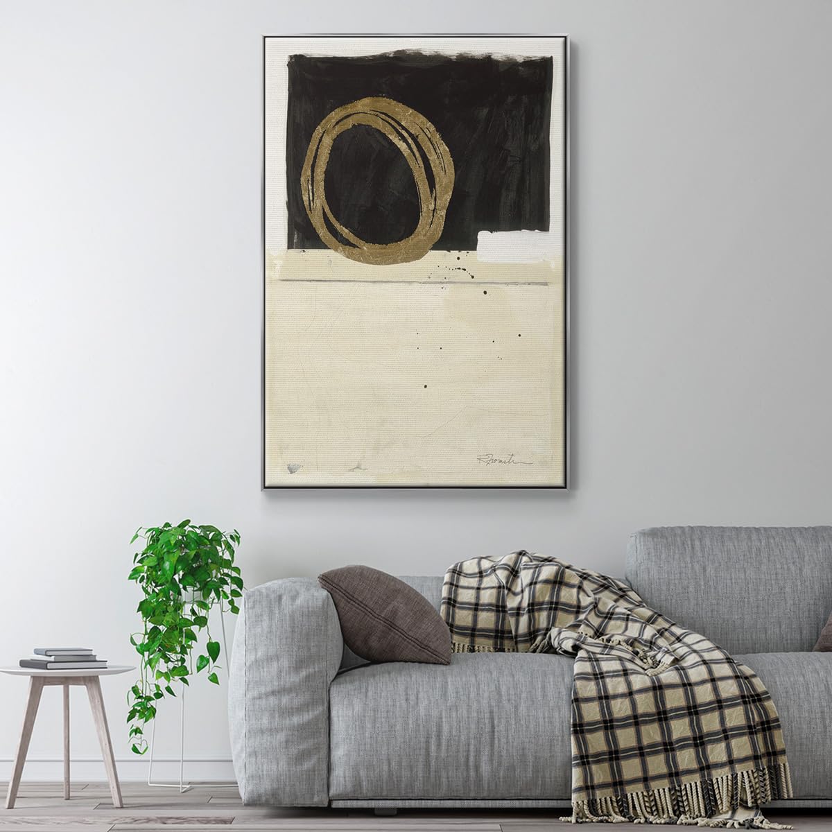 Canvas Wall Art Silver Floating Frame Paintings Black Golden Geometric Sphiral Pattern Abstract Wall Hanging Artwork for Office Hotel Bedroom Decorations (25"L x 17"W / Standing Strong III)