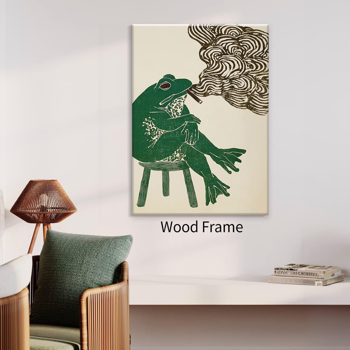 Framed Japanese Wall Art Funny Frog Smoking a Cigarette Poster Retro Oriental Asia Animals Print Ukiyo (Wrapped Canvas / Japanese Art 005 / 14"L x 11"W)