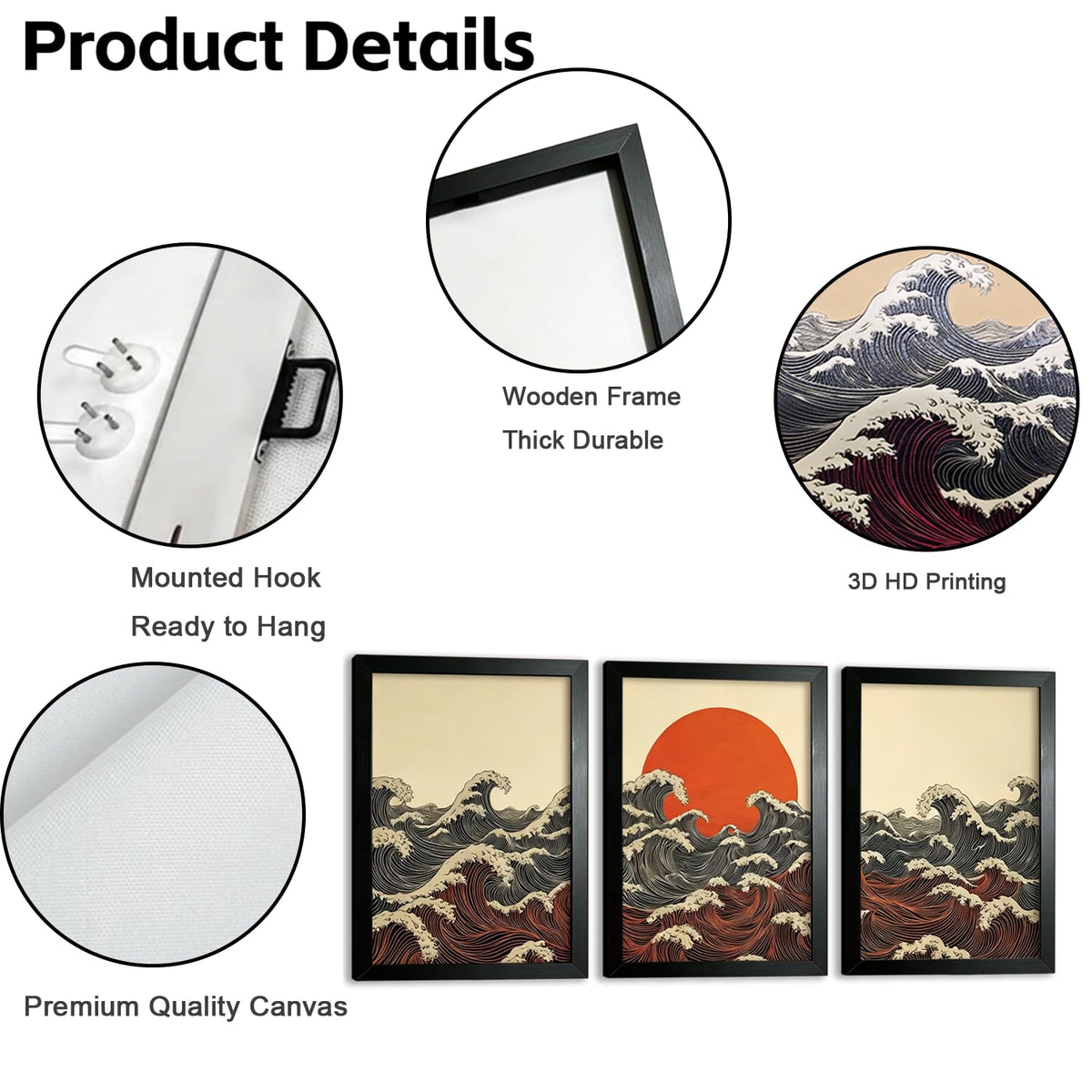 Framed 3D 3Pcs Japanese Canvas Wall Art (red sun / 24"L x 16"W)