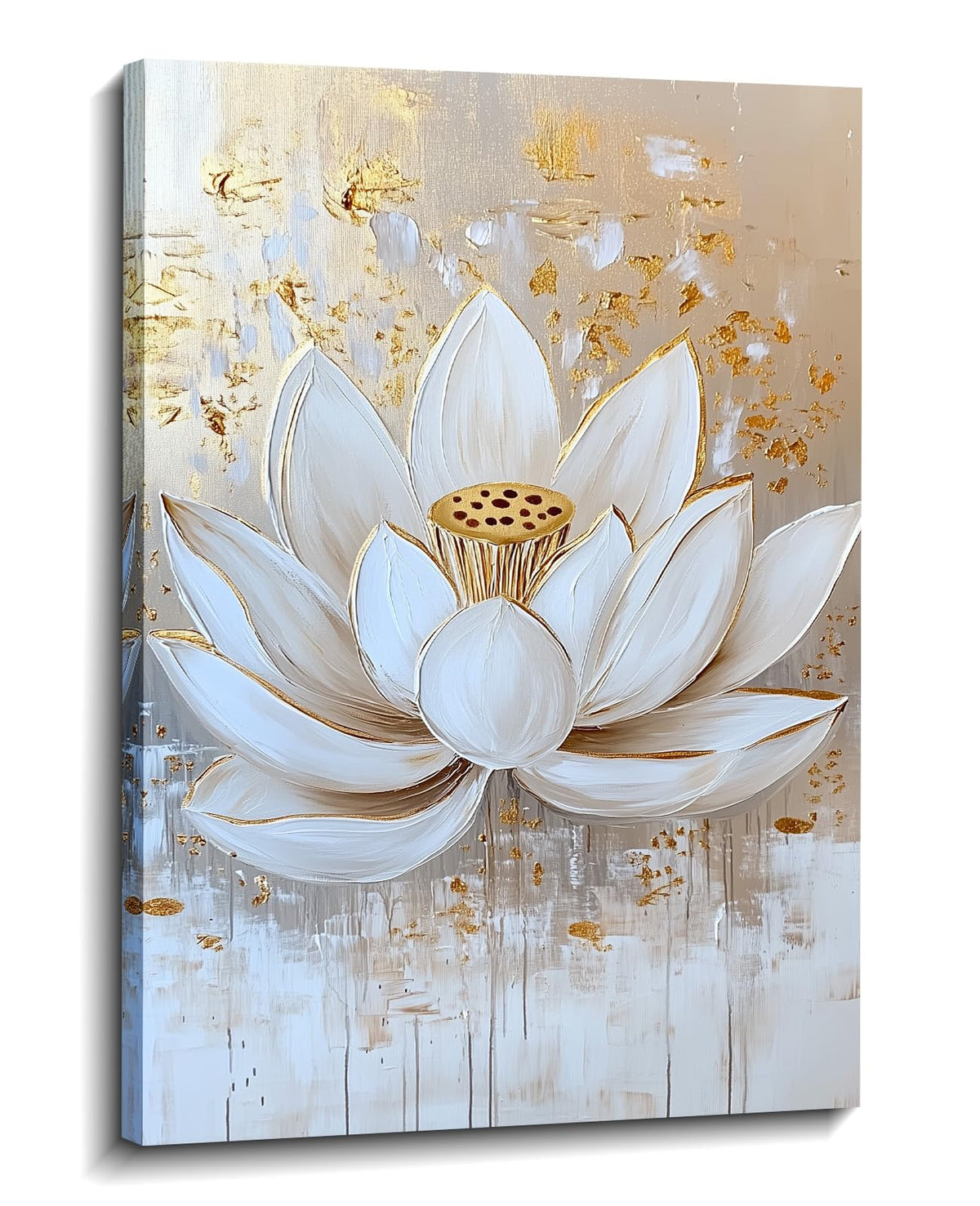 Lotus Canvas Wall Art Zen Wall Decor Framed White and Gold Lotus Flower Picture Meditation & Relax Painting Prints Spiritual Room Living Room Bathroom Ready to Hang (36"L x 24"W / D - White Gold)