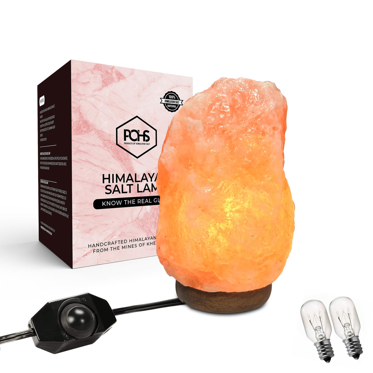 8-10 Inches (7-11 lb) 100% Authentic Himalayan Pink Salt Lamp – Handcrafted with Dimmable Switch, Wooden Base, and Bulb Replacement Included (Medium (8-10 inches))