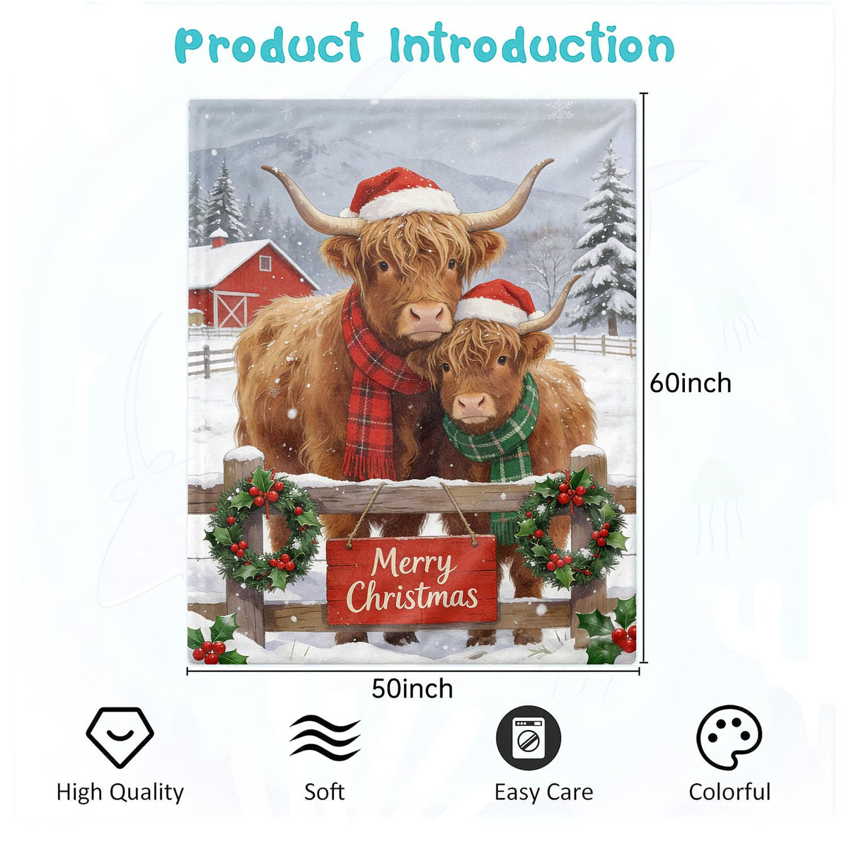 Highland Cow Throw Blanket Merry Christmas Cows Cozy Plush Flannel 50"X60" (Highland Cow / 50"X60")