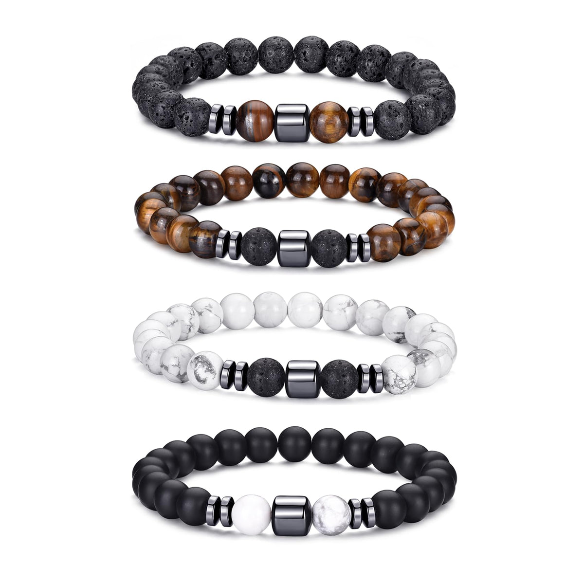 Tiger Eye Bracelet For Men 8MM Natural Stone Beads Bracelet Set Stretch Lava Rock Bracelets Adjustable Black Crystal Beaded Bracelet for Men Women Gifts (4,lava rock,tiger eye,white,black bracelet)