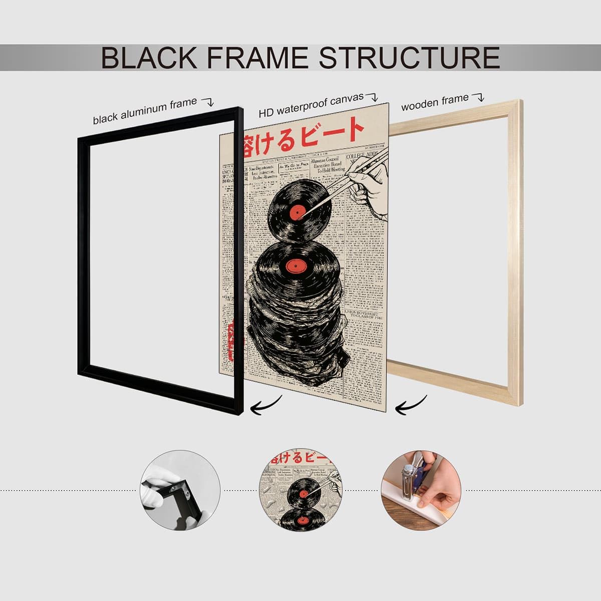 Black Framed Wall Art Retro Japanese Newspaper Music Prints Posters 24x36in Vintage Vinyl Records Asian Ukiyo (Black Framed / Japanese Art 008 / 36"L x 24"W)