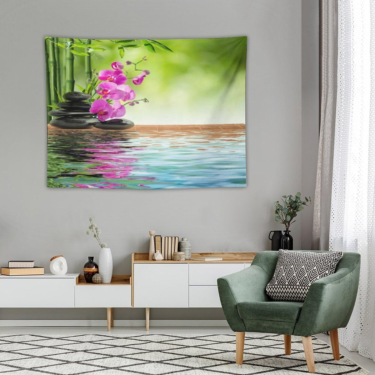 Purple Orchid Spa Tapestry Wall Hanging Bamboo Stone Tapestries Home Decor for Living Room Bedroom Farmhouse Kitchen Dorm 30"x40" (30"L x 40"W / Zen-8)