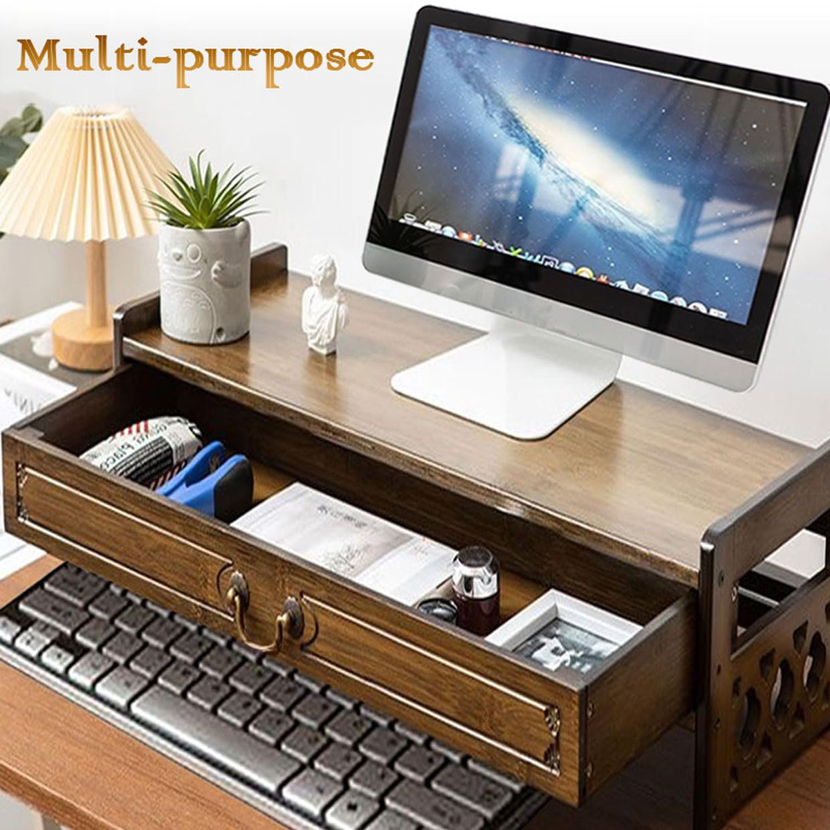 Altar Table with Storage & Drawer Small Meditation Table & Puja Table (Brown-42cm/16.5'')