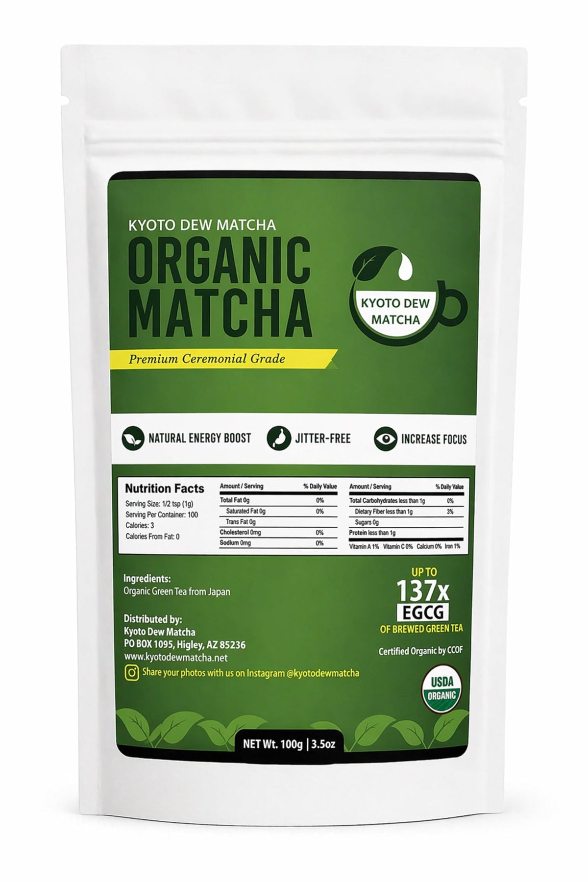 Organic Ceremonial Grade Matcha Powder 100g (3.5 Ounce (Pack of 1))