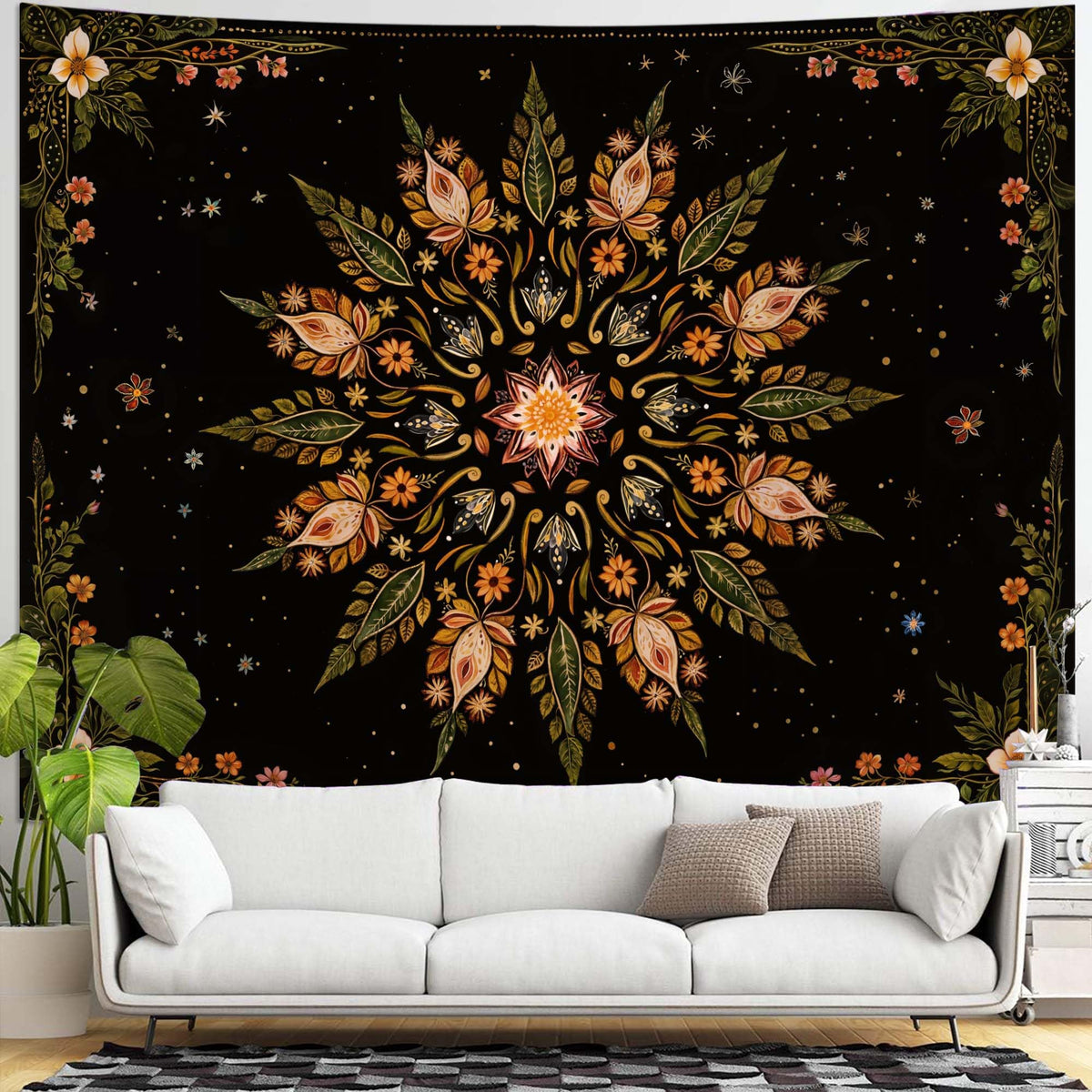 Boho Floral Mandala Tapestry for Bedroom Aesthetic Vintage Bohemian Flower Wall Tapestry Black Green Hippie Indian Extra Large Tapestries Wall Hanging for Living Room Dorm Decor 90 x 68 Inch (Black Green / 90"L x 68"W)