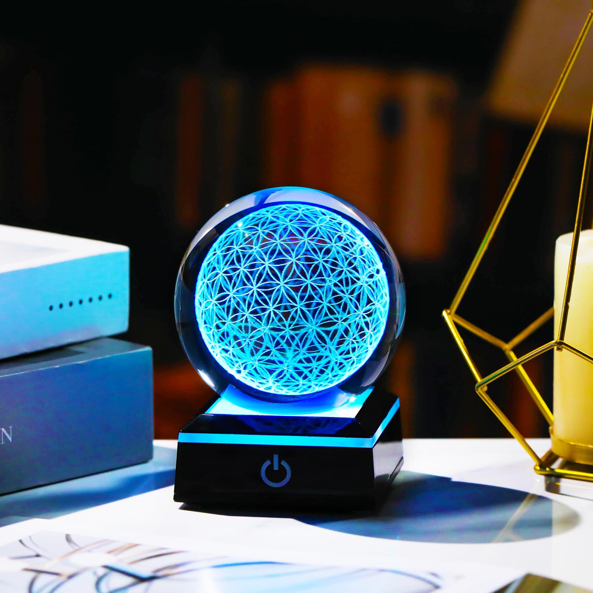 3D Flower of Life Crystal Ball with Colorful LED Base (Flower of Life)
