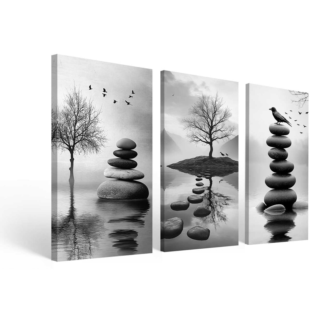Set of 3 Black White Zen Bathroom Canvas Wall Art Prints Zen Stones in the Water Pictures White Lotus Poster Yoga Meditation Artwork Spa Room Decor (Gray / 28x14inx3 Pieces)