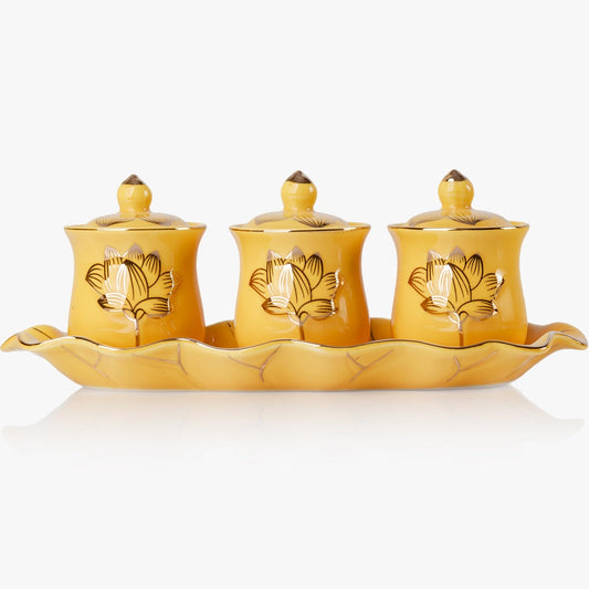 Yellow Buddhist 3 Altar Cups Set (3 Yellow Ceramic Cup Set)