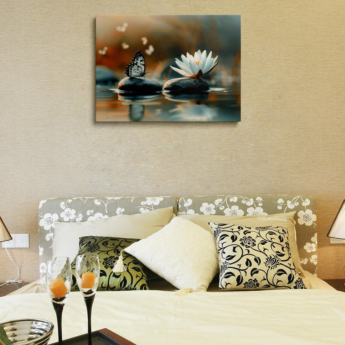 Zen Lotus Canvas Wall Art Framed Butterfly Spa Decor for Rooms 12x16 Inch (Zen Lotus 01 / 16"L x 12"W)