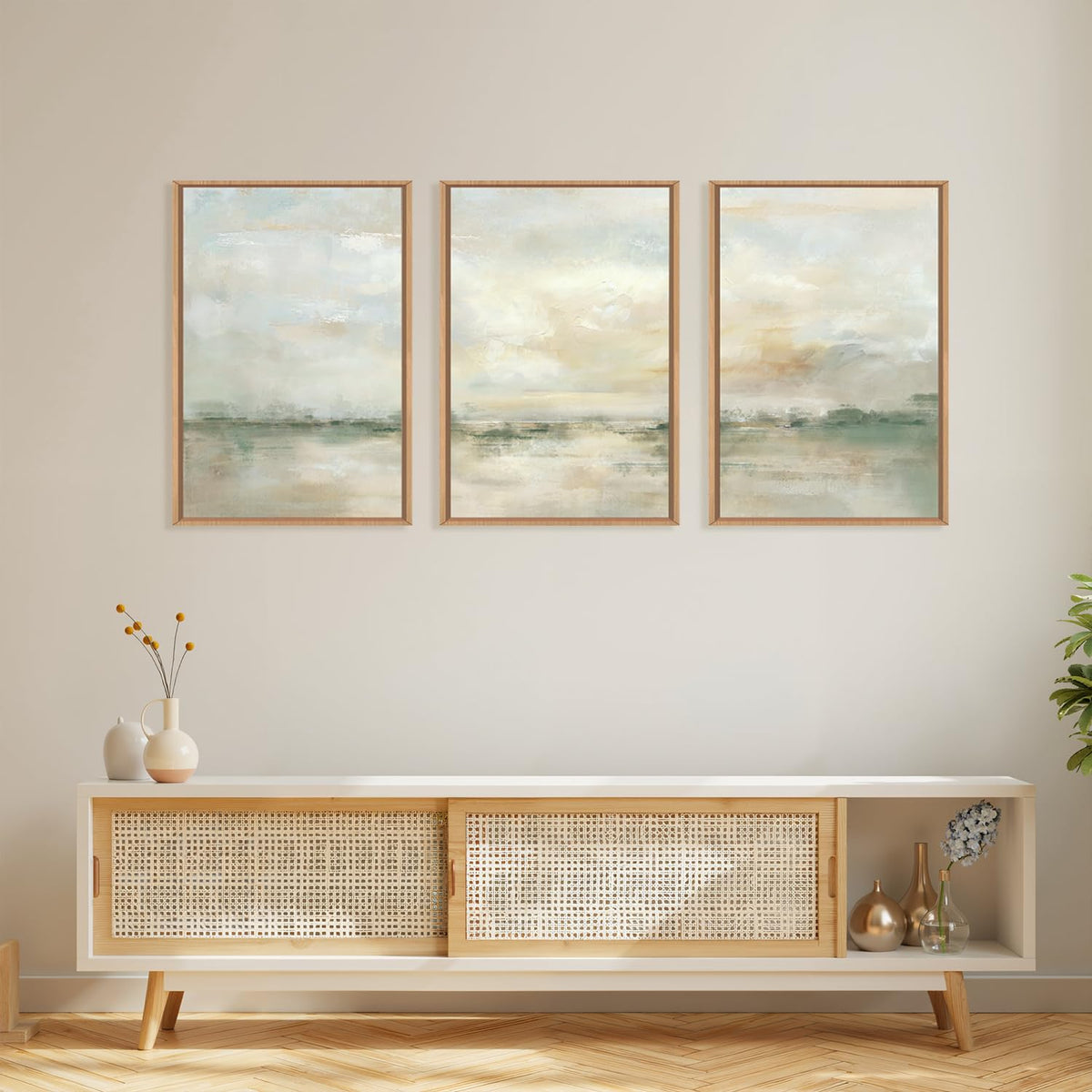 Large Abstract Green Gray Pastel Framed Canvas Wall Art (Neutral Green Wall Art / 24''x36''x3)