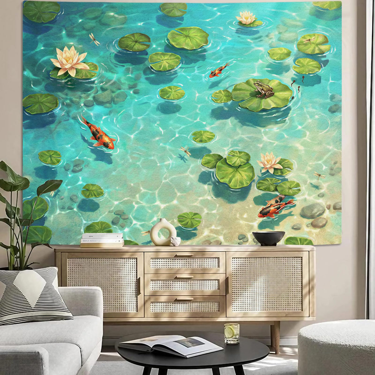 Japanese Summer Pond Tapestry (Art Deco / Teal / 80"L x 60"W)