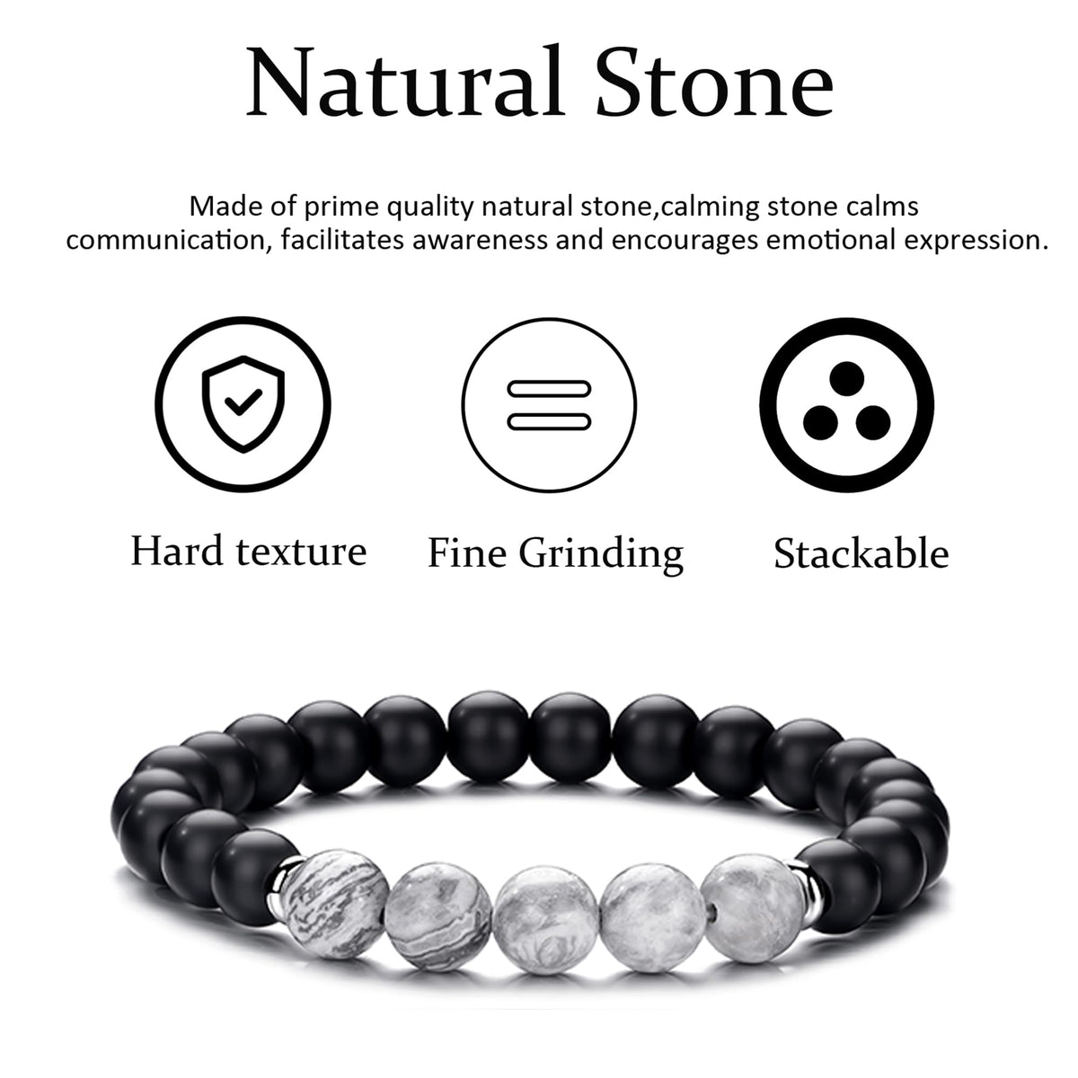 Mens Bracelets 8MM Natural Stone Beads Bracelet Set Stretch Adjustable Beaded Bracelets for Men (2,gray,black)