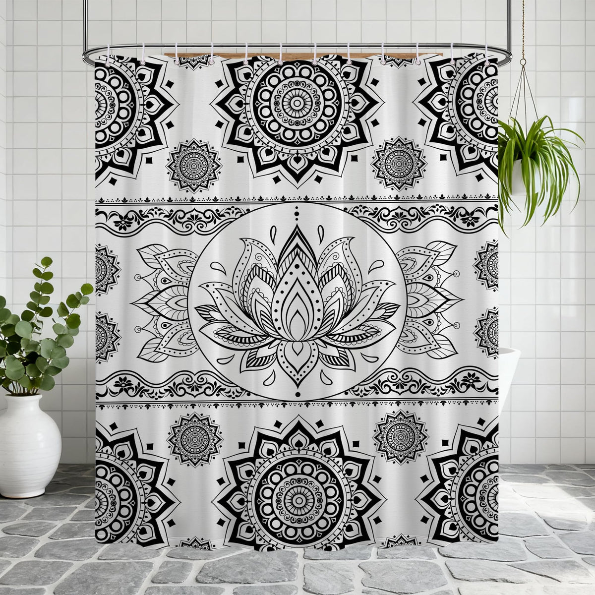 Black and White Mandala Shower Curtain Lotus Flower (Coloful / 70"W x 72"L (Pack of 1))