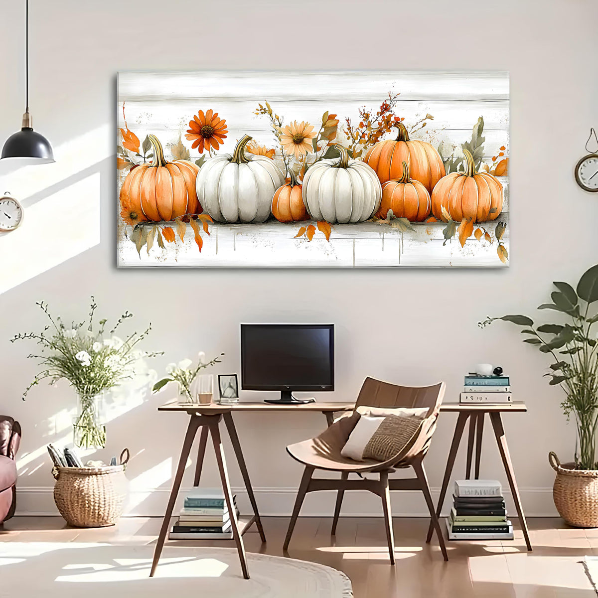 Farmhouse Pumpkin Flowers Canvas Wall Art Living Room Wall Decor (60"x30"x1 / Pumpkin6)