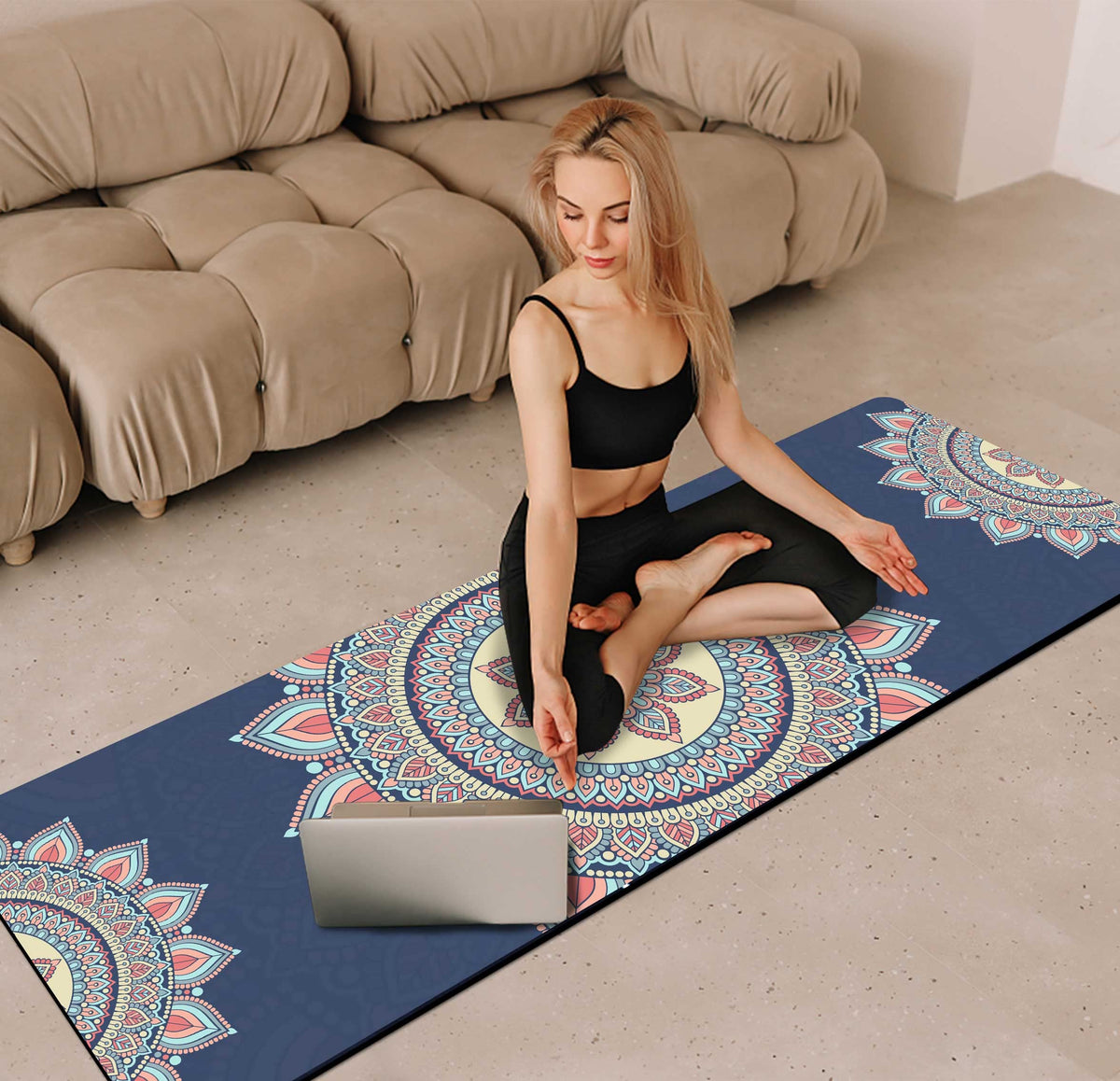 Yoga Mat Print Extra Thick TPE Non Slip Fitness Exercise Mat with Carrying Bag (Lotus)