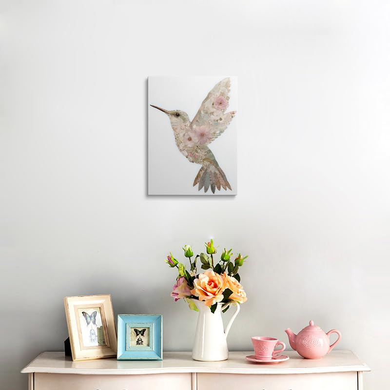 Romantic Hummingbird Art Vintage Style Framed Collage Wall Decor Made from Floral Illustrations & Lace in Soft Pink Cream Sage Green Tones Nature Themed Artwork for Living Room 16x24 Inches (Hummingbird / 24"L x 16"W)
